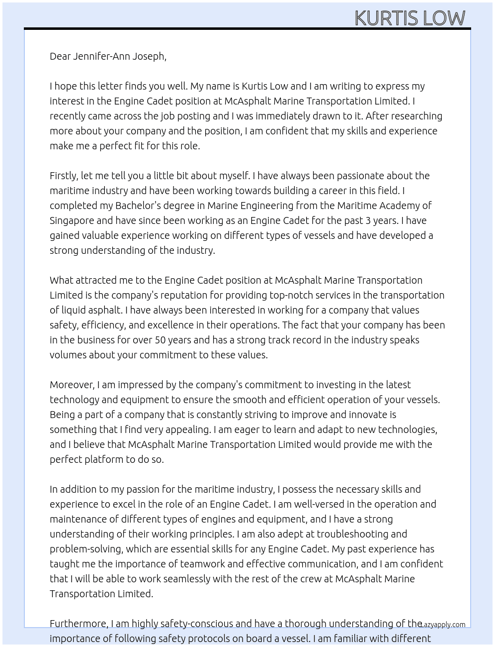 Engine Cadet At McAsphalt Marine Transportation Limited Cover Letter