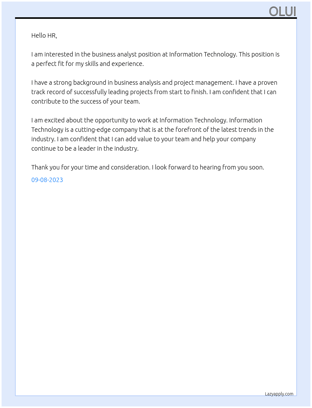 business analyst At Information Technology Cover Letter