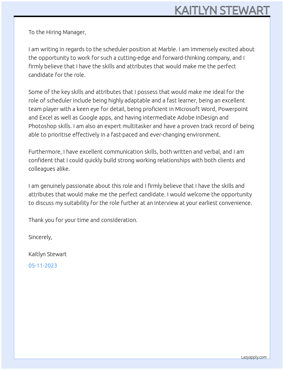 Scheduler At Marble Cover Letter