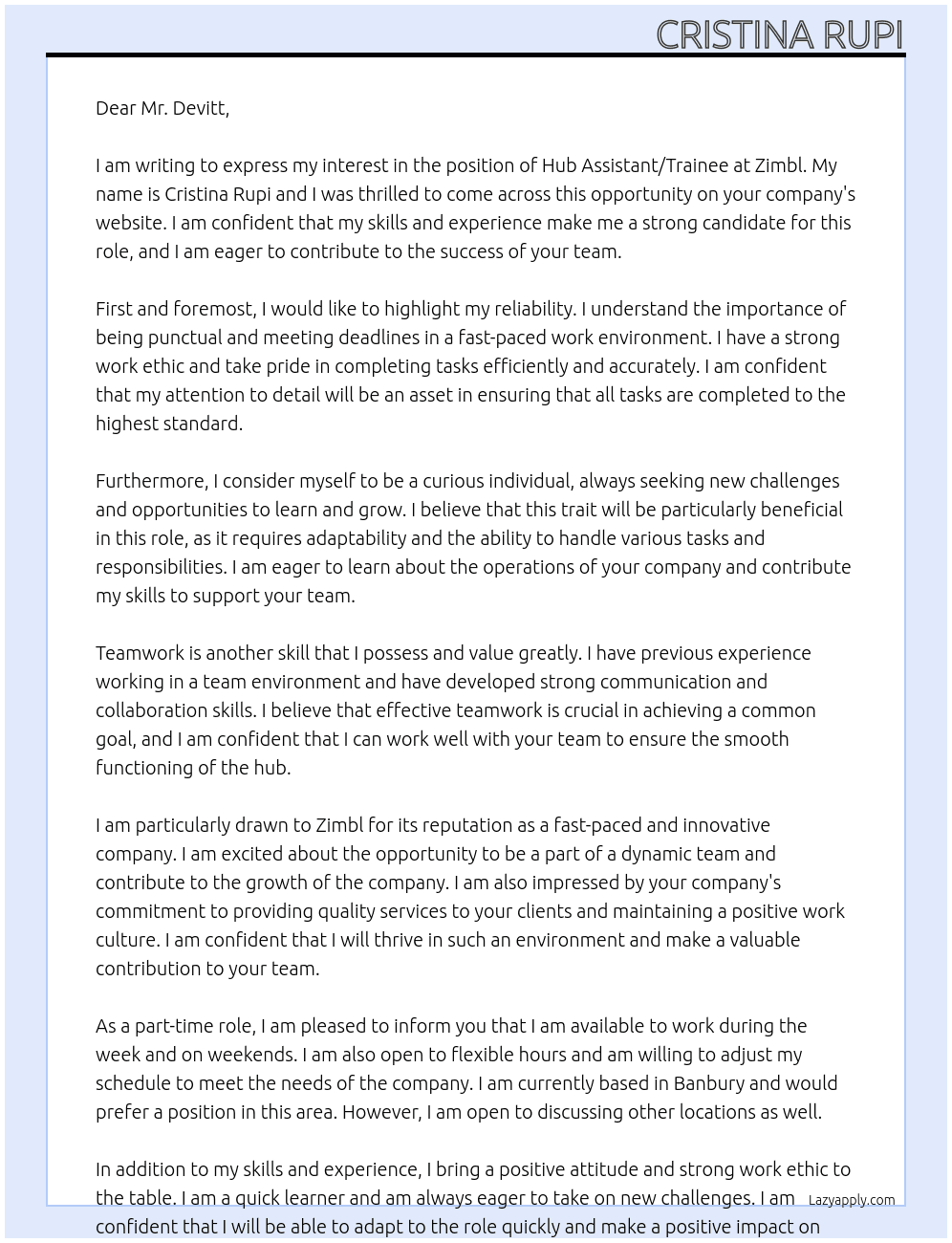 Cover letter for hub assistant/trainee - LazyApply