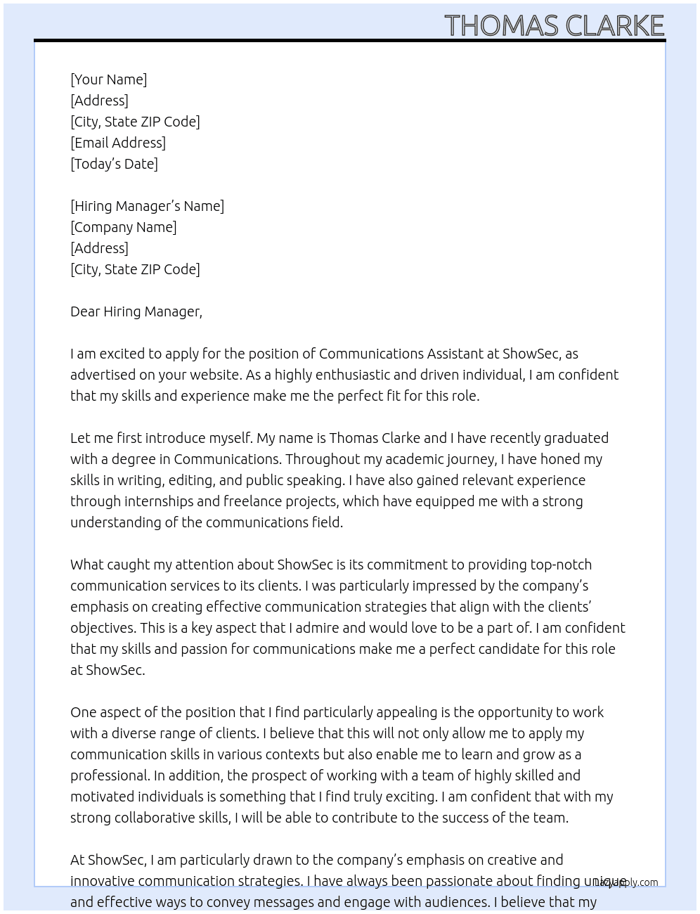 Communications Assistant At ShowSec Cover Letter