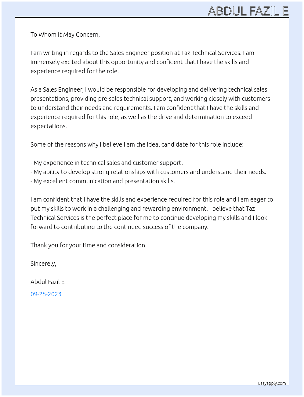 sales engineer At Taz Technical services l.l.c Cover Letter