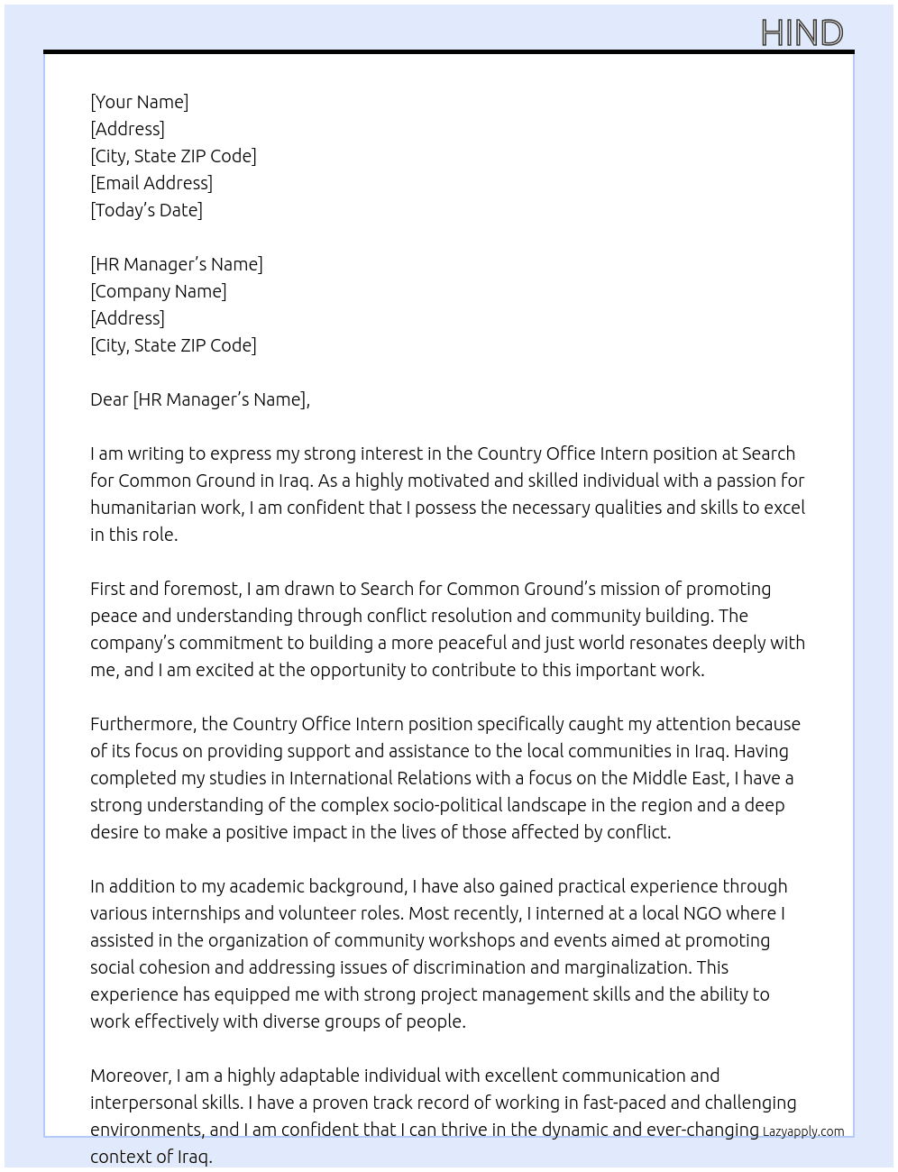 Country Office Intern - Iraq At Search for Common Ground Cover Letter