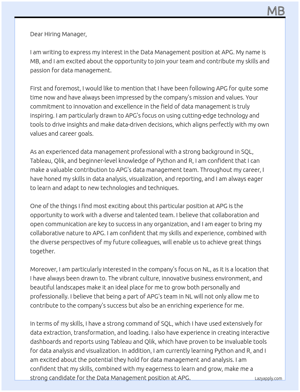 Data Management At APG Cover Letter