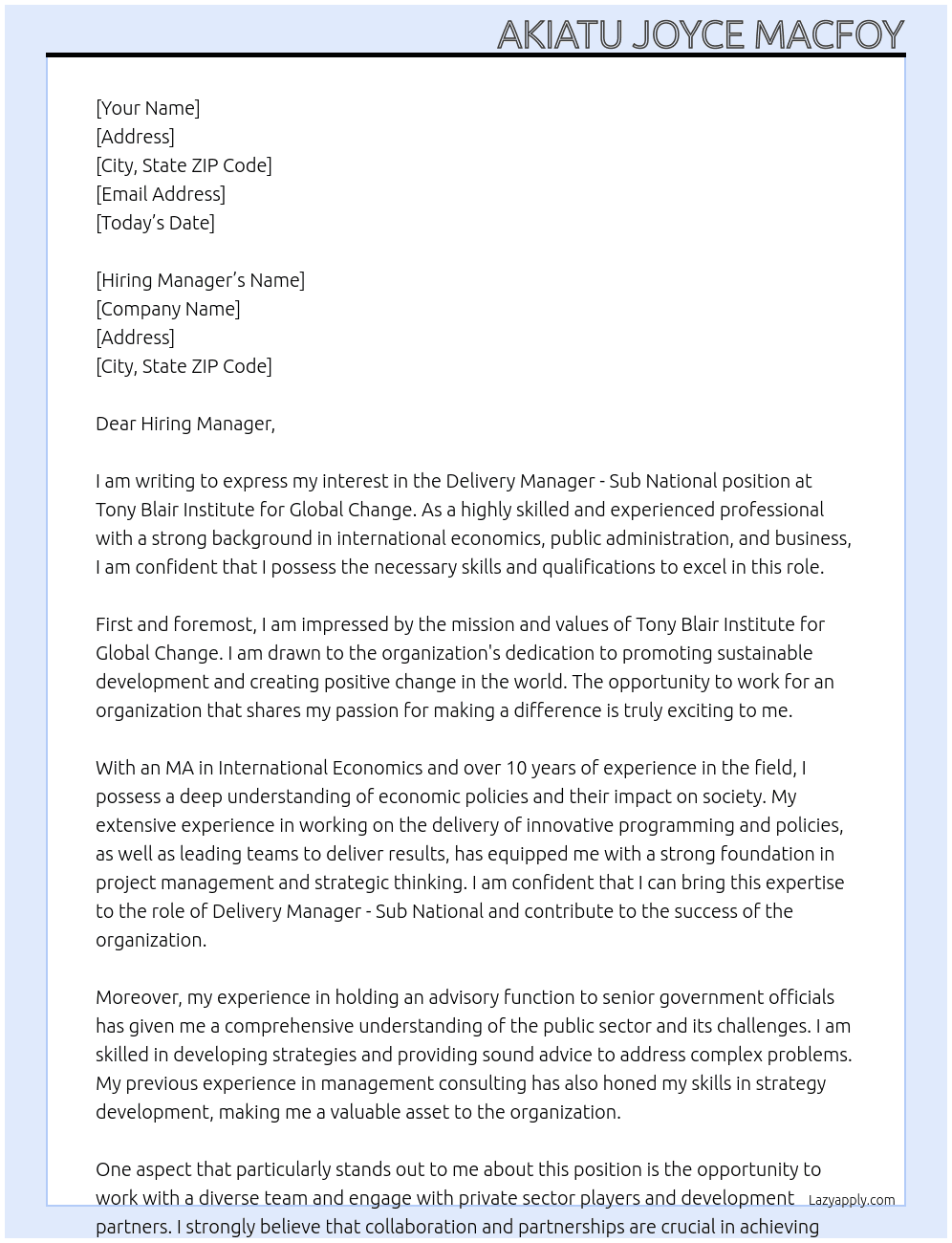 Delivery Manager - Sub National At Tony Blair Institute for global change Cover Letter