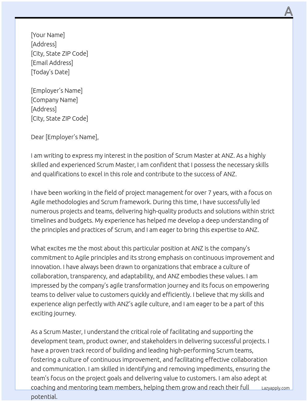 Scrum Master At ANZ Cover Letter