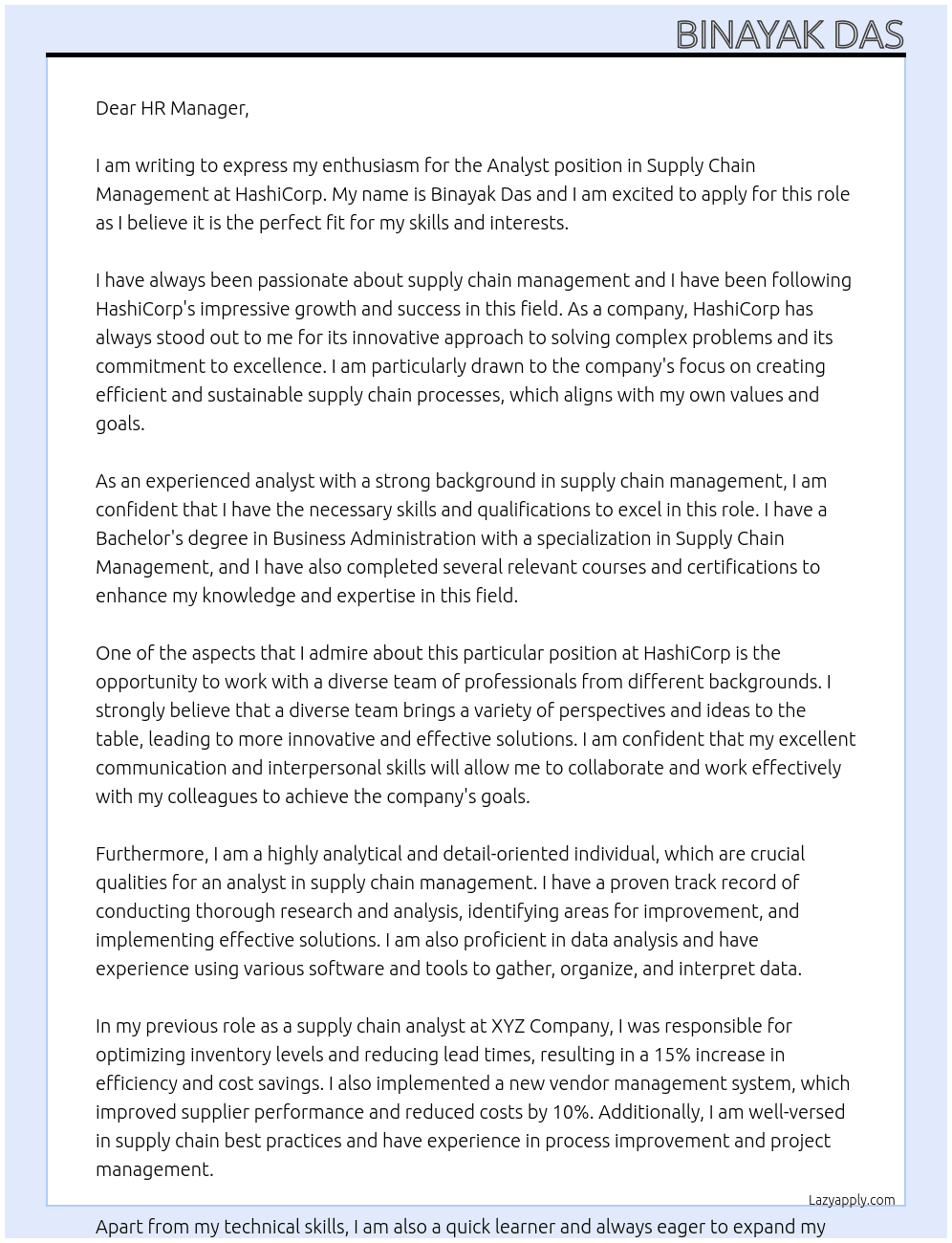 Analyst, Supply chain Management At HashiCorp Cover Letter