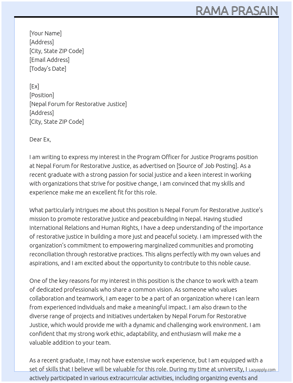 Program officer for Justice programs At Nepal forum for restorative Justice  Cover Letter