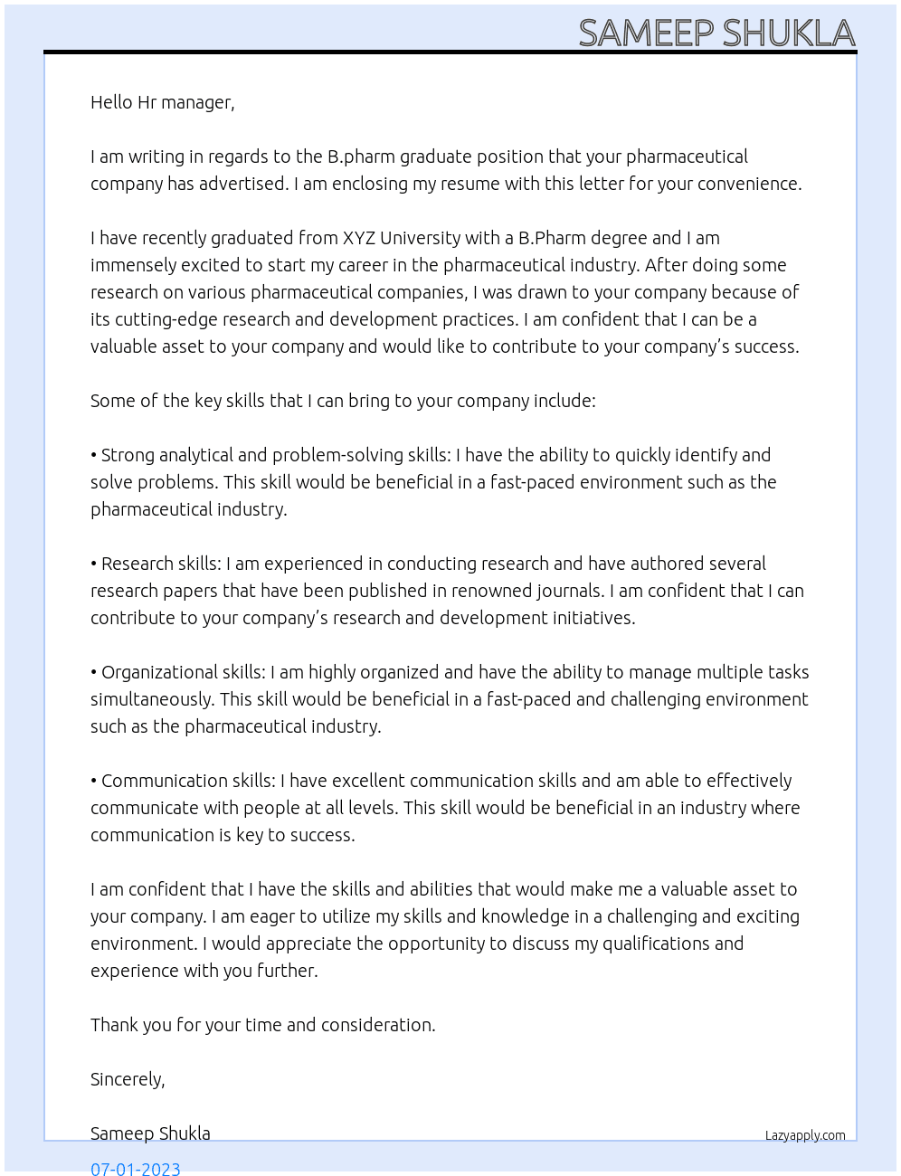 B.pharm graduates At Pharmaceutical company  Cover Letter