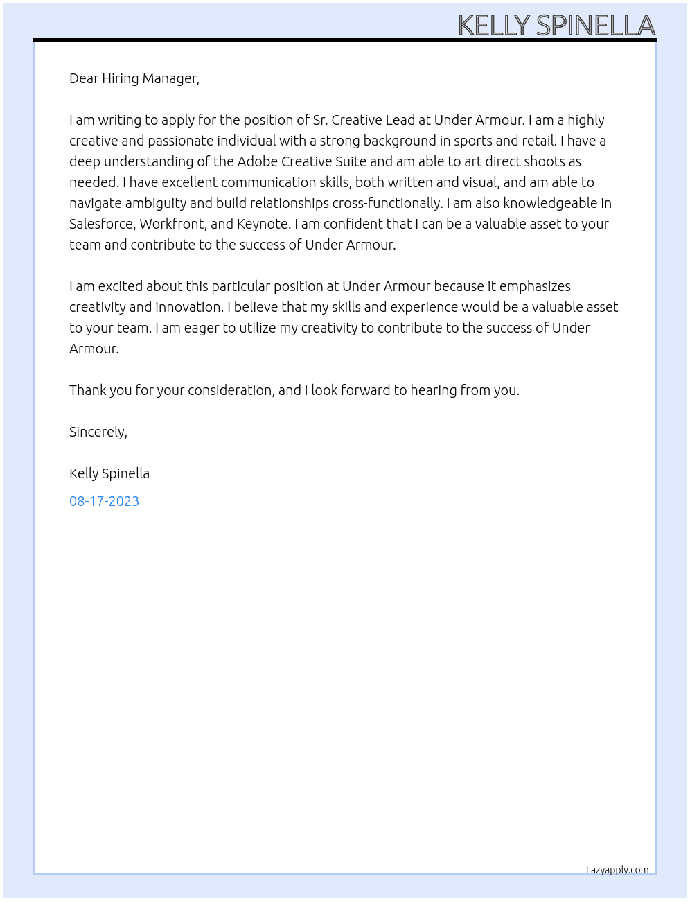 Sr. Creative Lead At Under Armour Cover Letter
