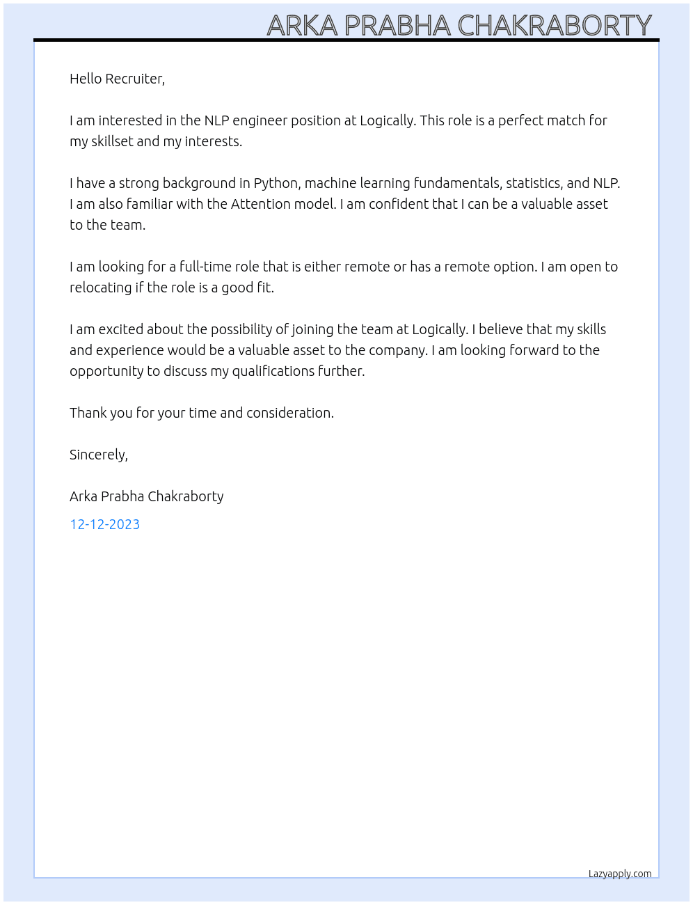 NLP engineer At Logically  Cover Letter
