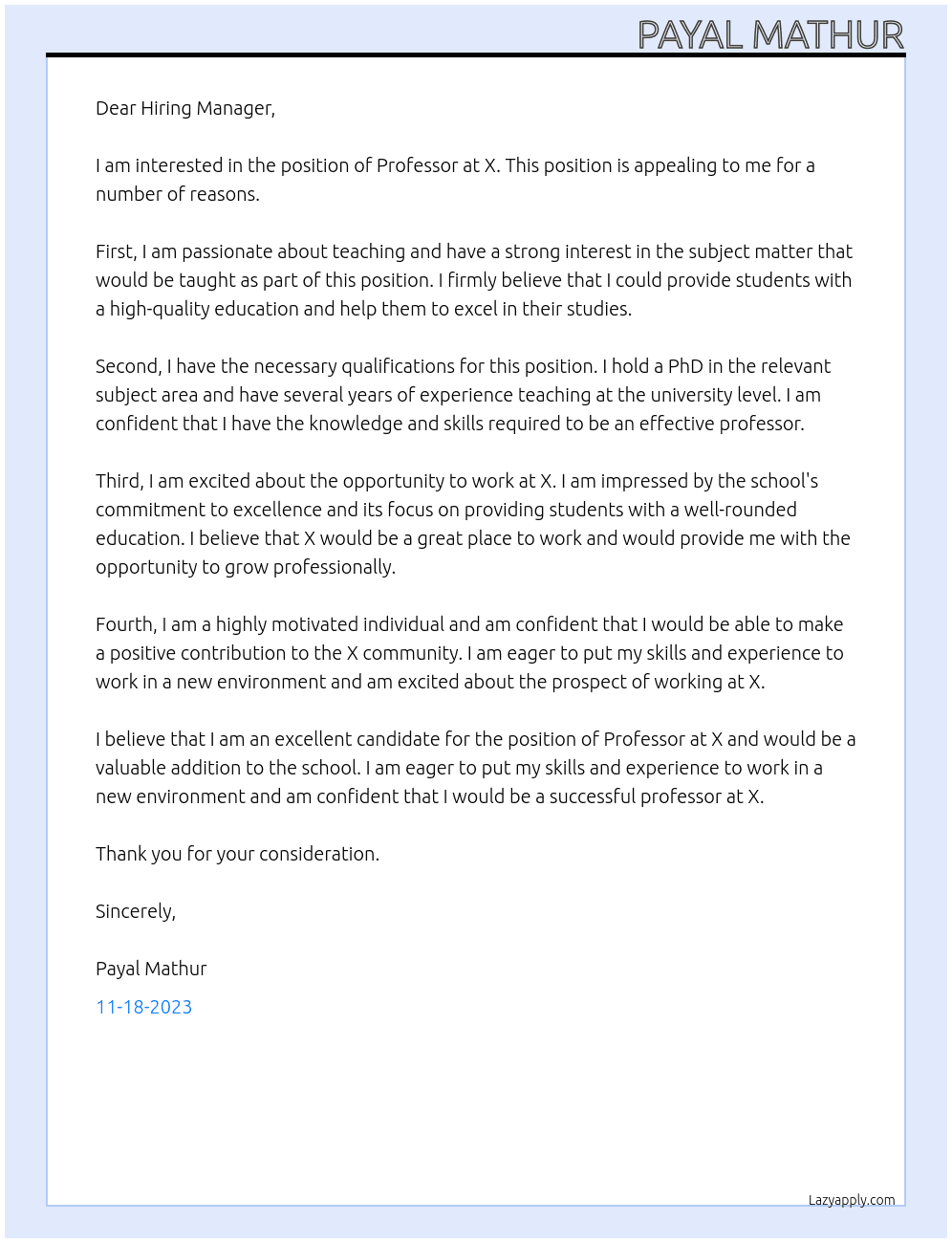 Professor At X Cover Letter