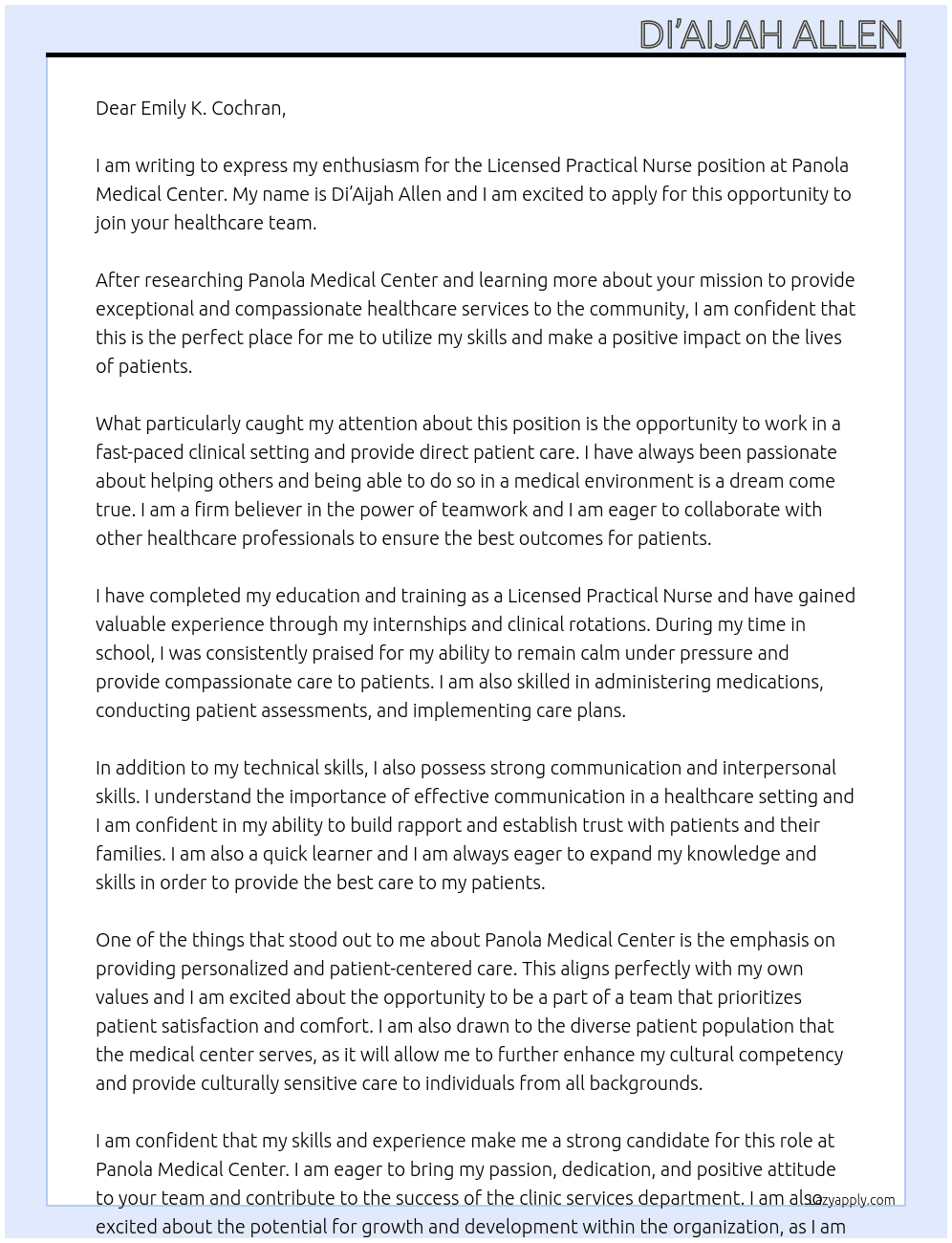Licensed Practical Nurse  At Panola Medical Center  Cover Letter