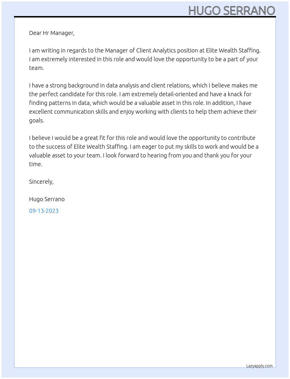 Manager of Client Analytics At Elite Wealth Staffing Cover Letter