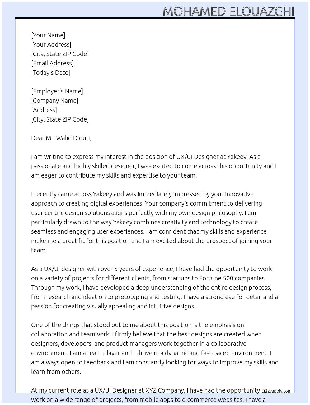 UX/UI designer At Yakeey Cover Letter