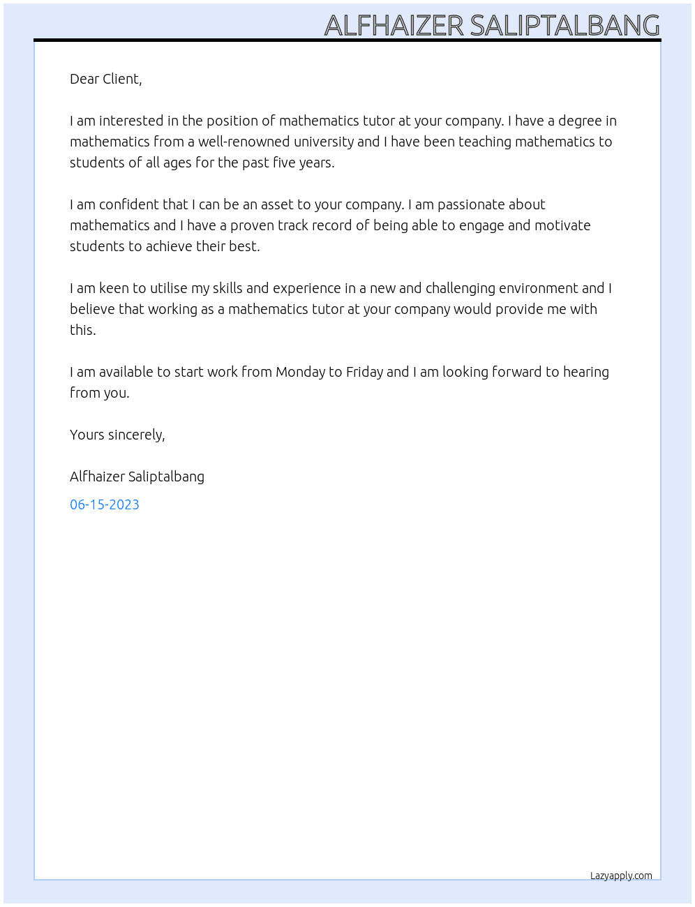 Mathematics tutor At Math Grader for 5th and 6th Grade Papers Cover Letter