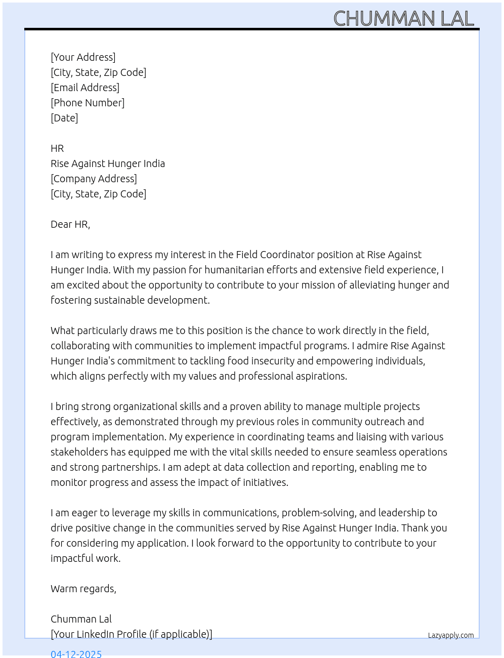 Field Coordinator At Hiring  at Rise Against Hunger India Cover Letter