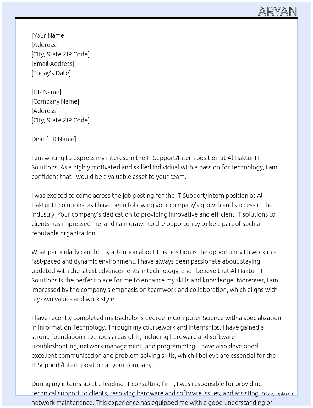 IT Support/Intern At Al Haktur IT Solutions Cover Letter