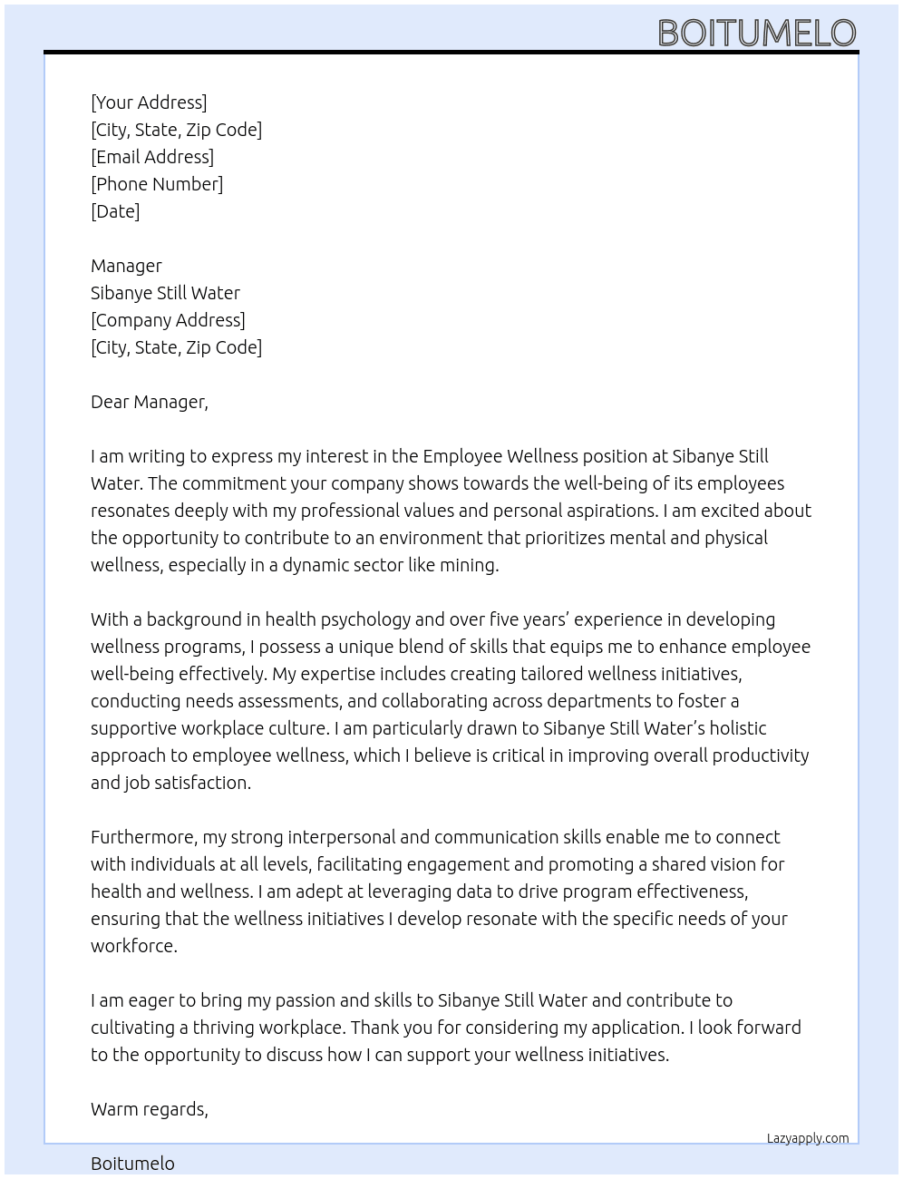 Employee wellness At Sibanye Still Water Cover Letter