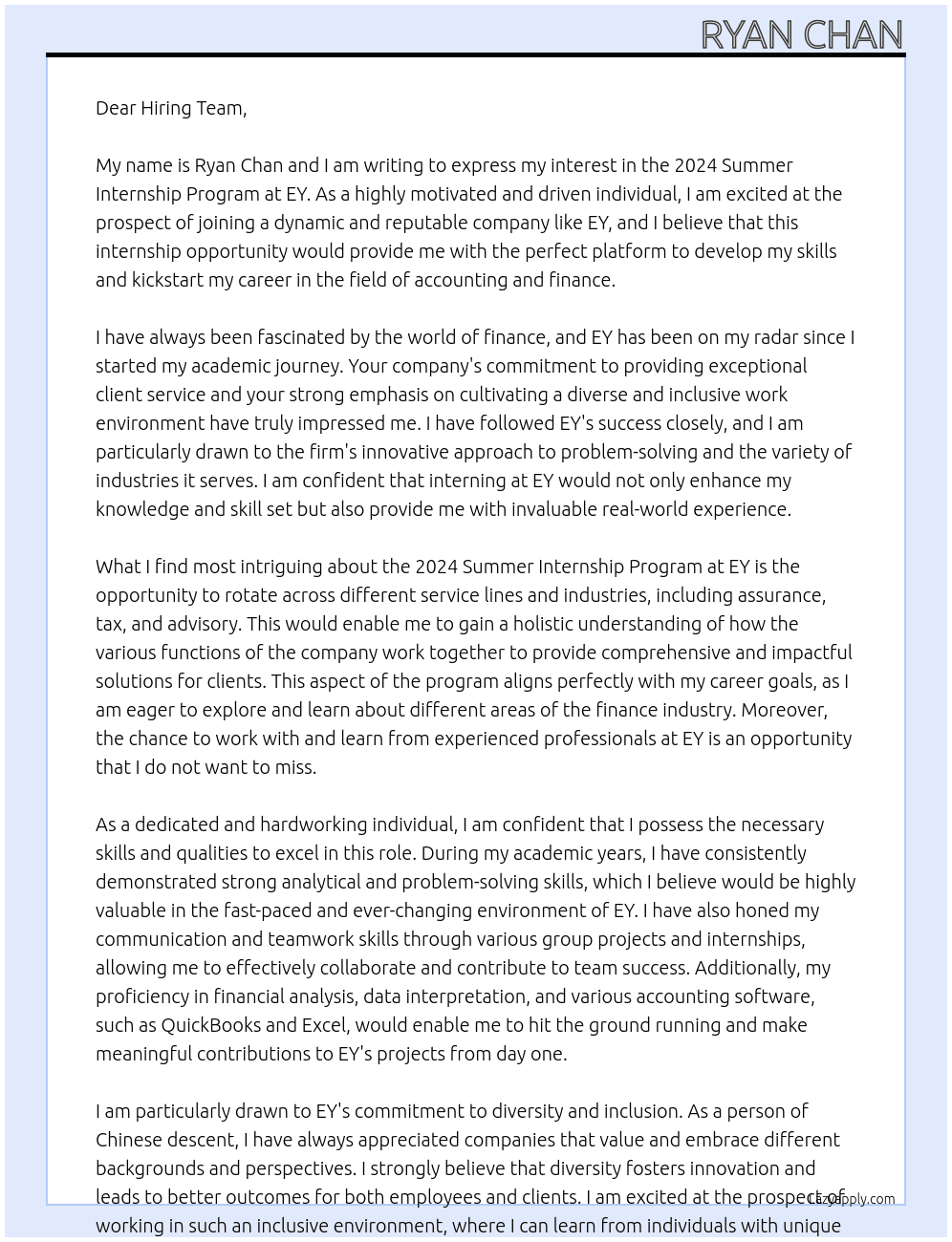 2024 Summer Internship Program At EY Cover Letter