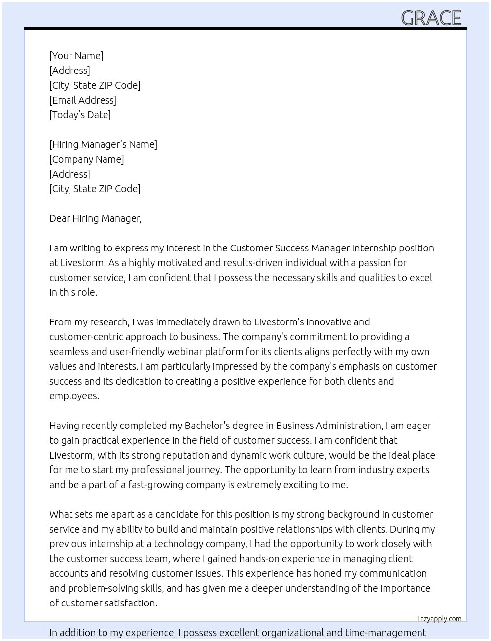 Customer success manager internship  At Livestorm  Cover Letter