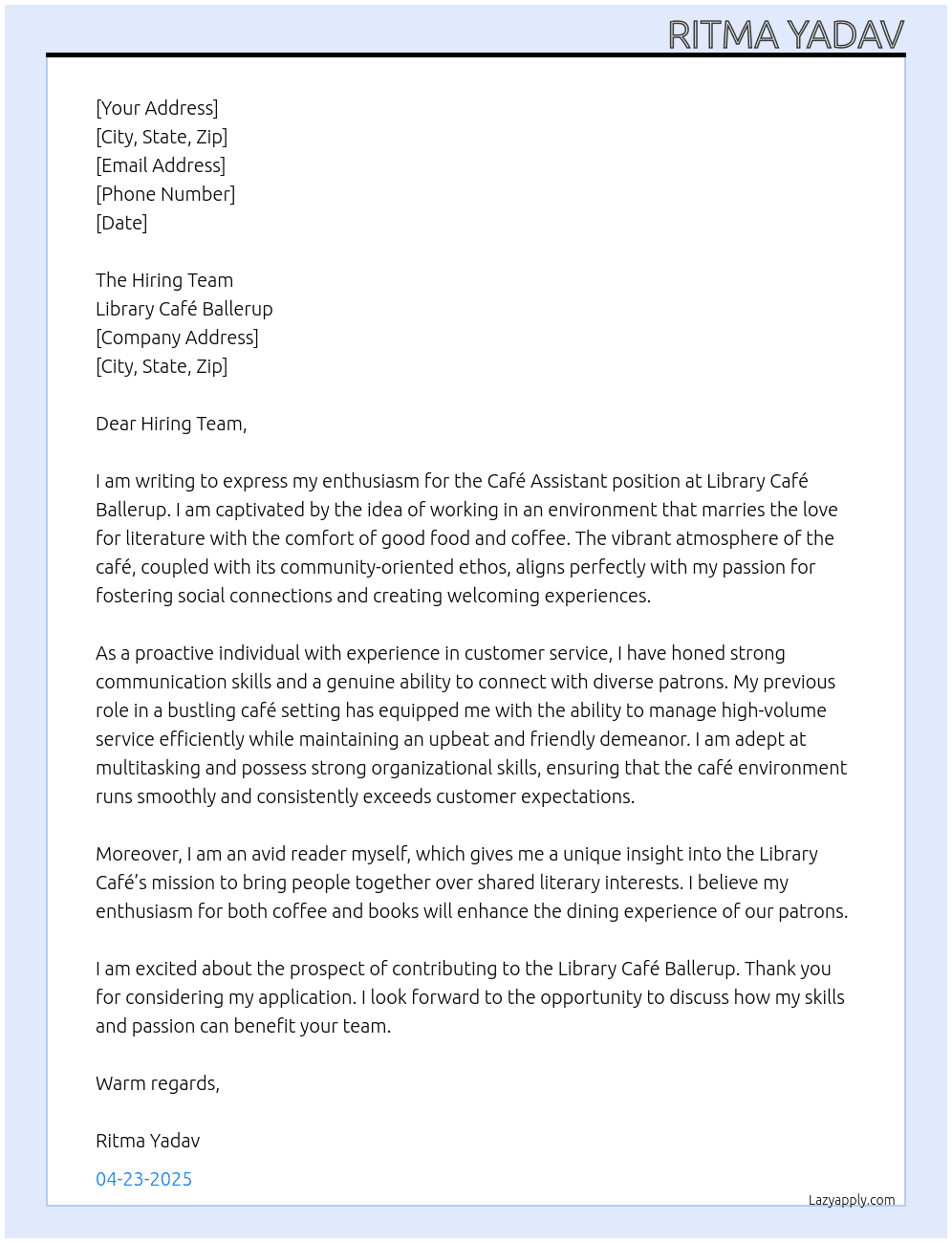 Cafe assistant  At Library cafe Ballerup Cover Letter