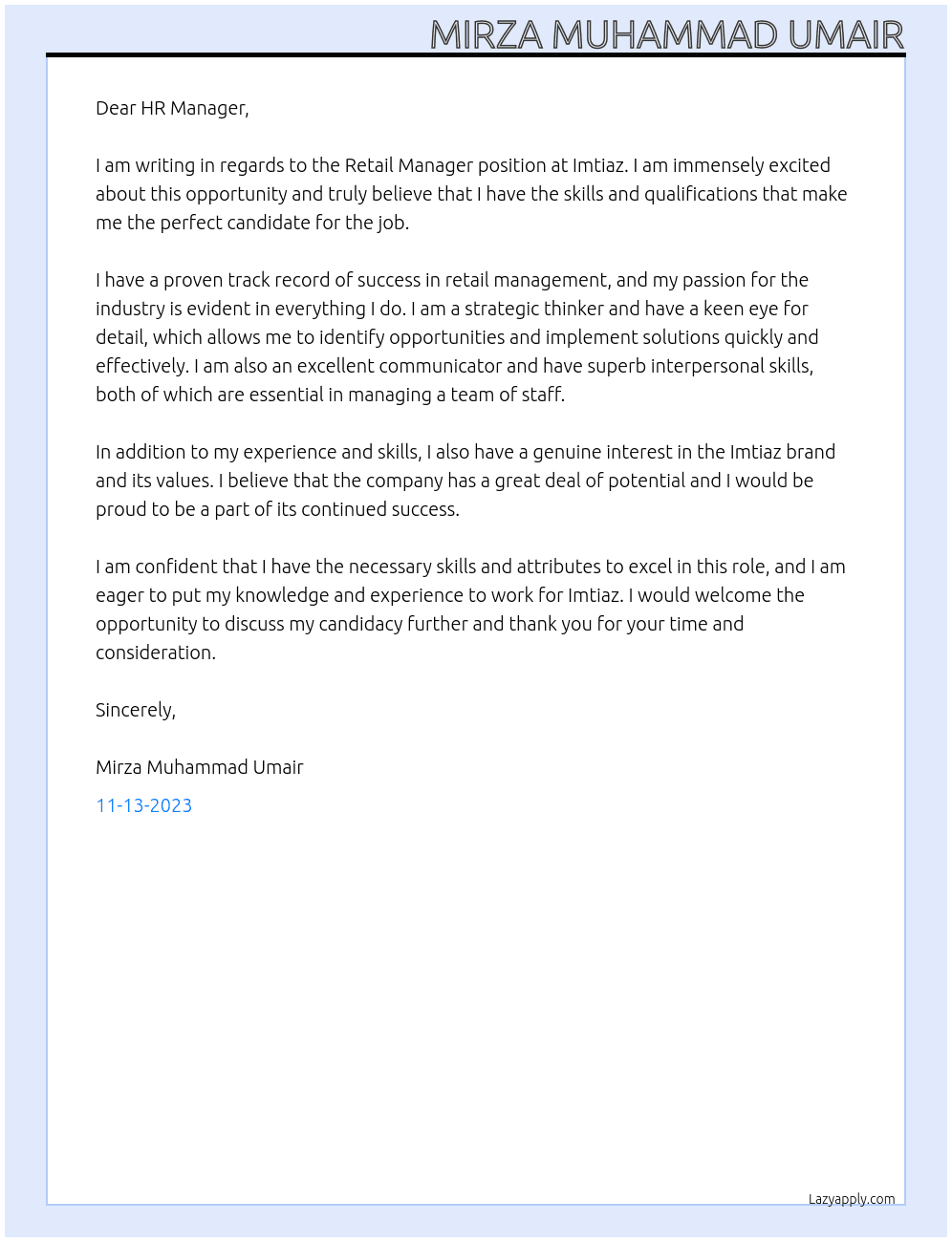 Retail Manager At Imtiaz Cover Letter