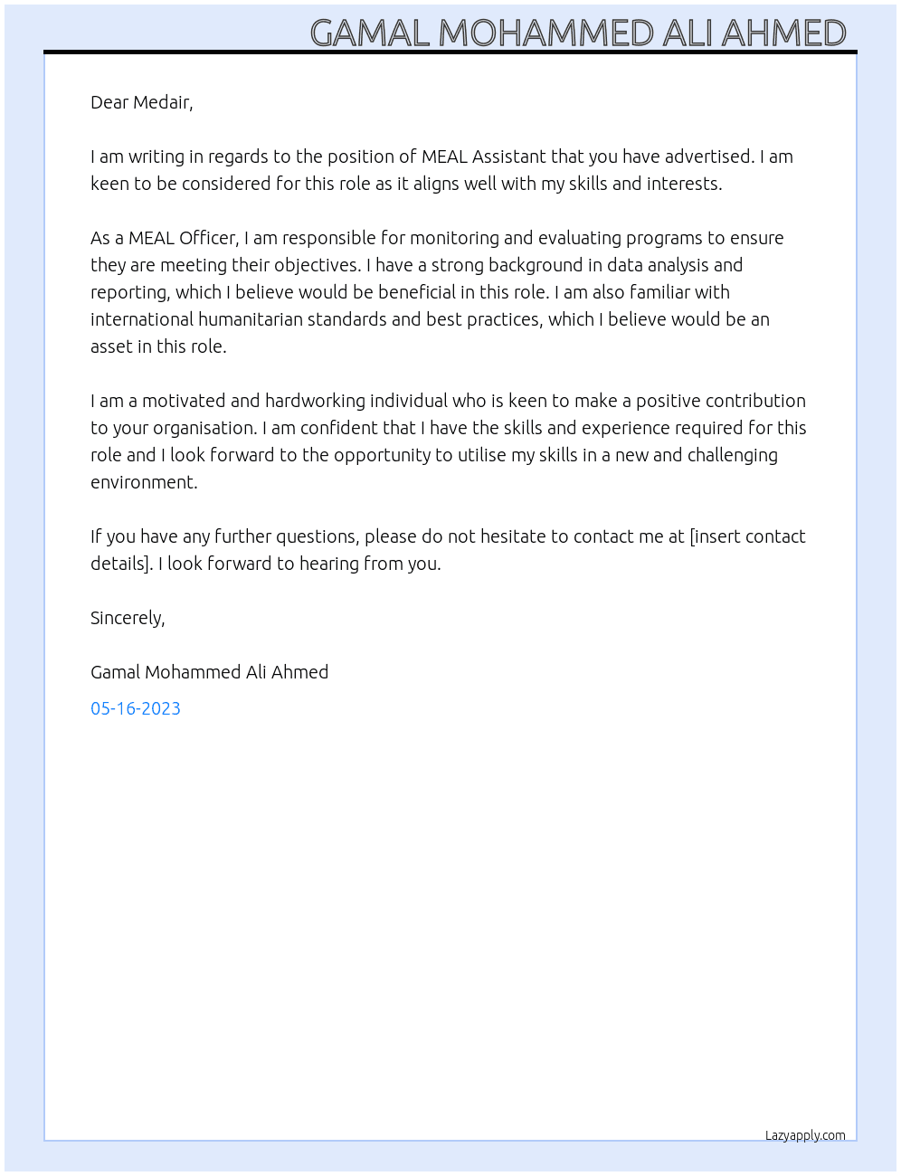 MEAL Assistant At Medair Cover Letter