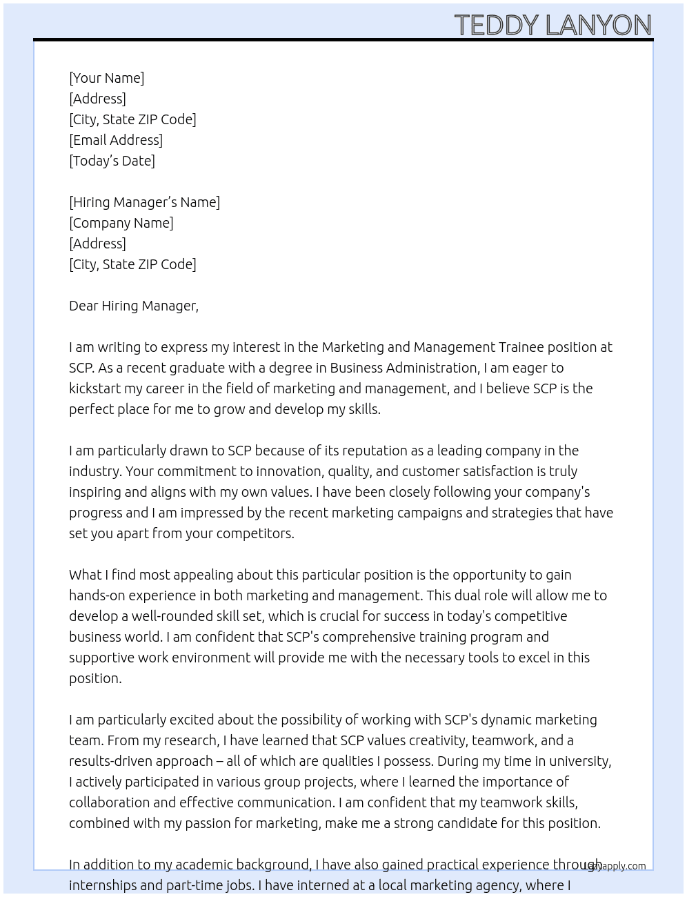 Marketing and management Trainee At SCP Cover Letter