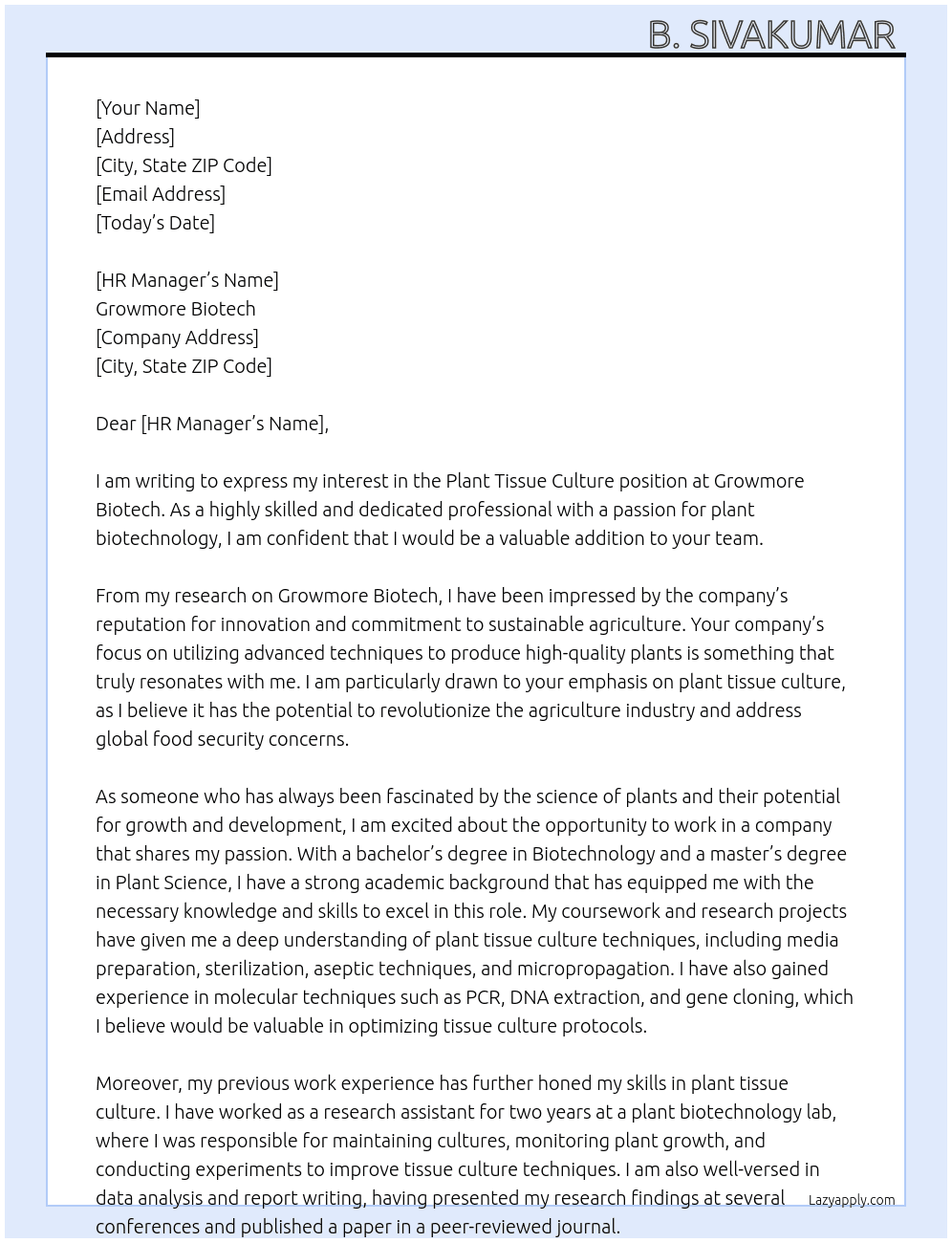 Plant tissue culture  At Growmore biotech Cover Letter