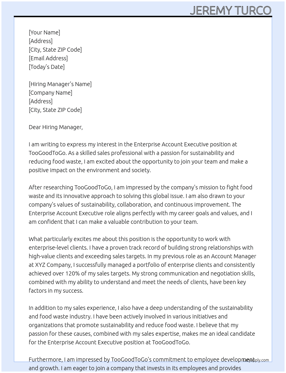 Enterprise Account Executive At TooGoodToGo Cover Letter