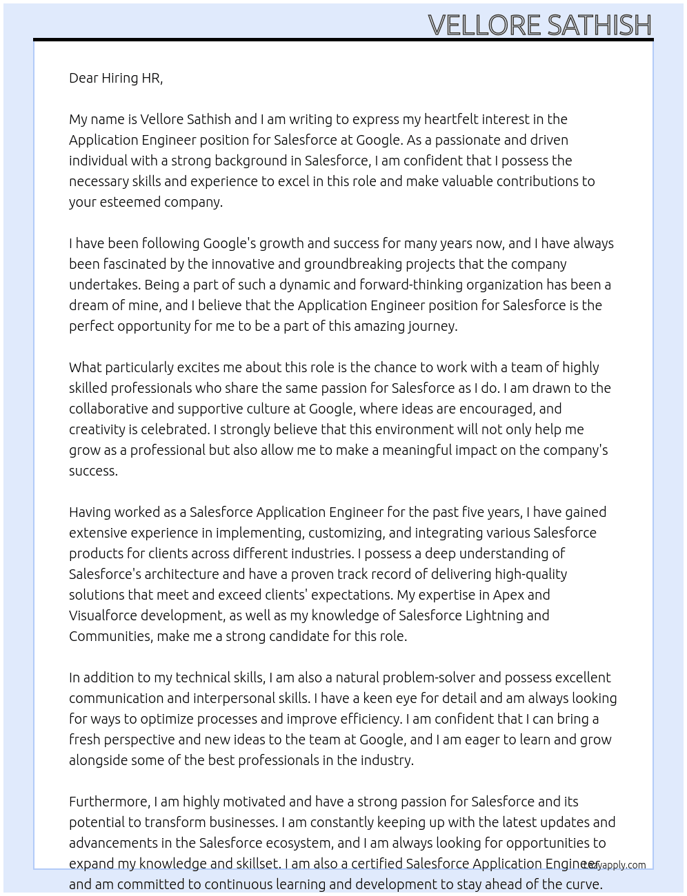 Cover letter for application engineer, salesforce - LazyApply