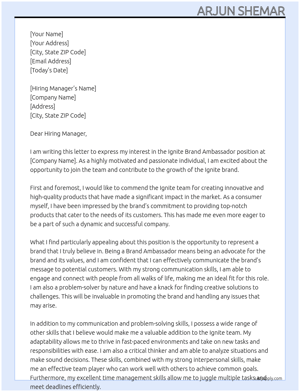 Ignite Brand Ambassador At Ignite Cover Letter