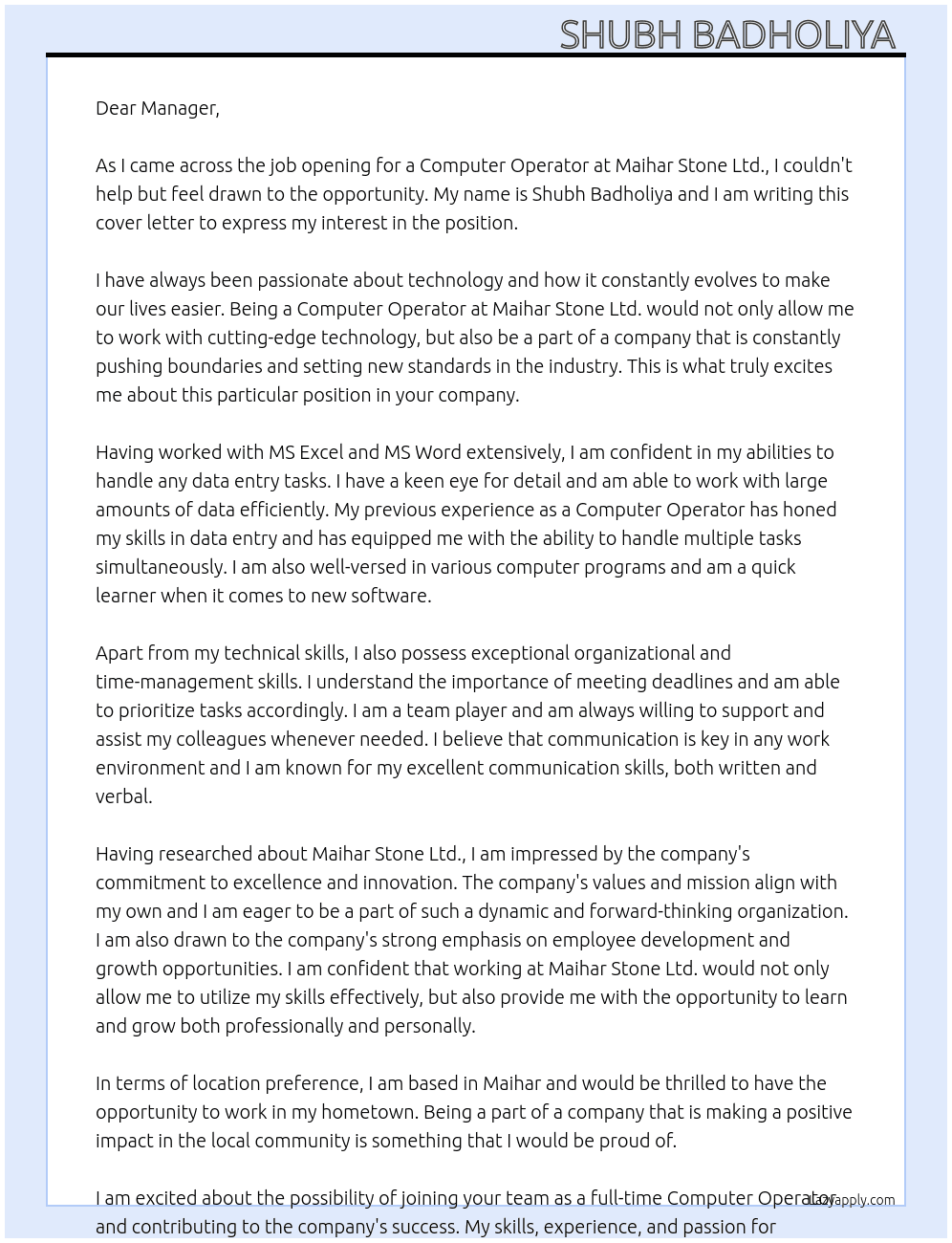 Computer operator  At Maihar stone lmt Cover Letter