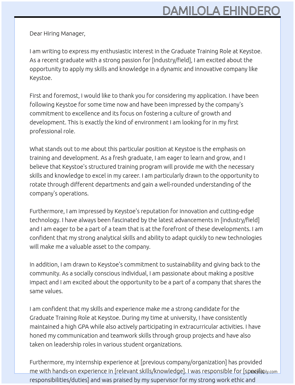 GRADUATE TRAINING ROLE At Keystoe Cover Letter