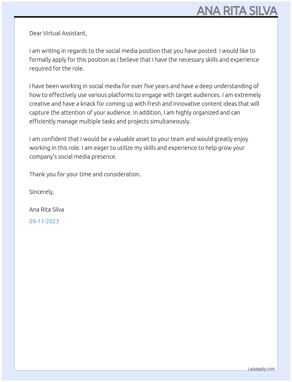 social media At virtual assistant Cover Letter