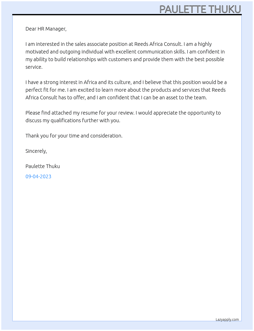 sale associate At Reeds Africa Consult Cover Letter