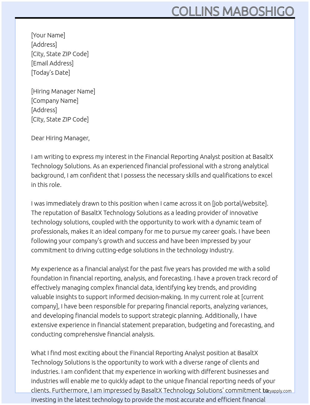 Financial Reporting Analyst At BasaltX Technology Solutions Cover Letter