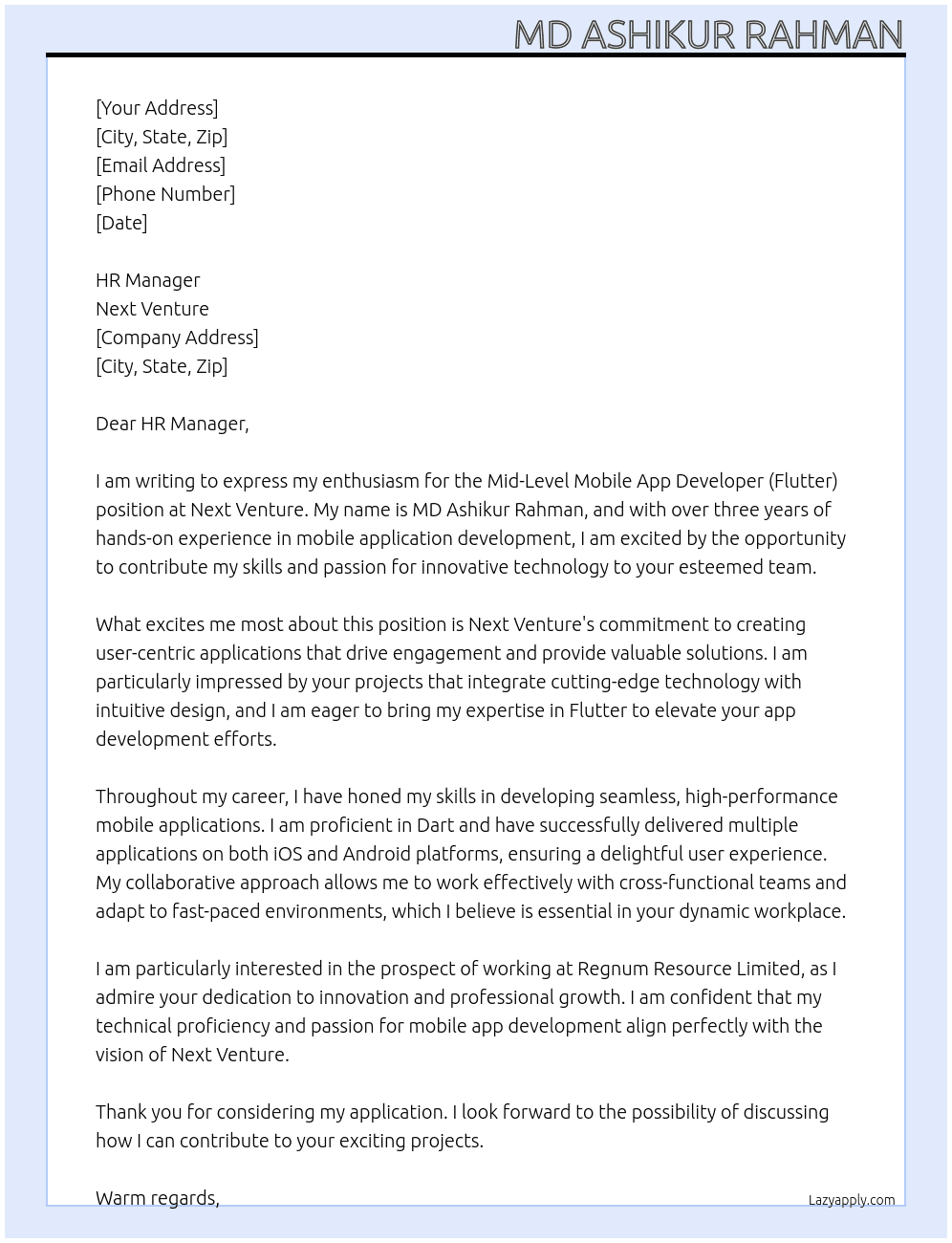 Mid-Level Mobile App Developer (Flutter) At Next Venture Cover Letter