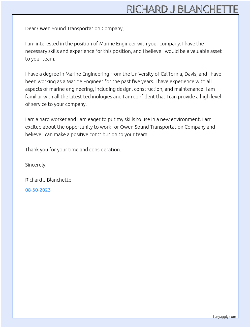 Marine Engineer At Owen Sound Transportation Company Cover Letter