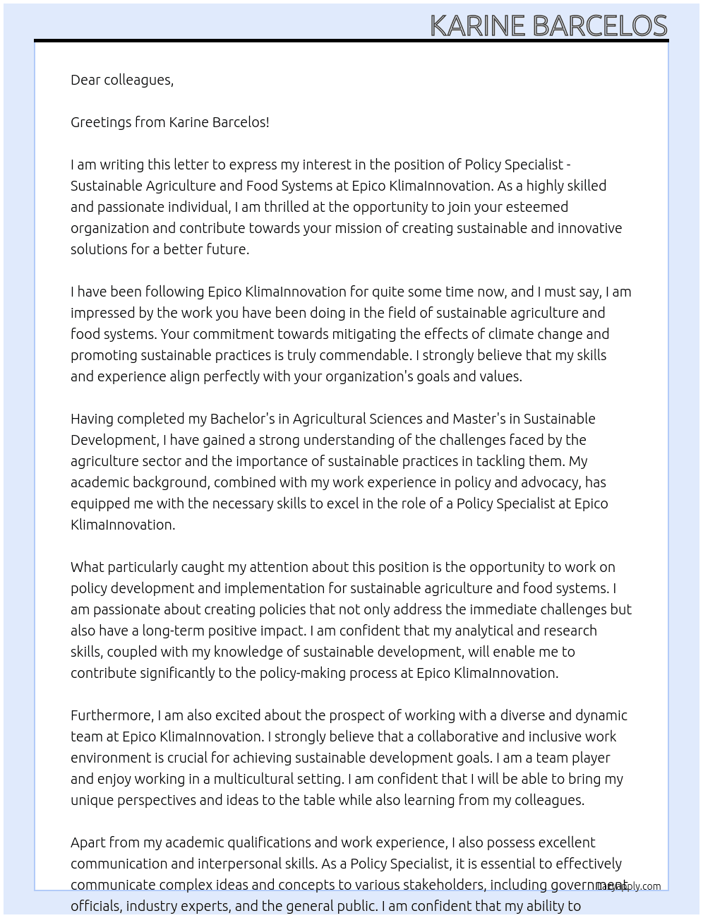Policy Specialist - Sustainable Agriculture and Food Systems At Epico KlimaInnovation Cover Letter