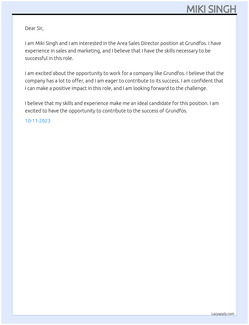Area Sales Director At Grundfos Cover Letter