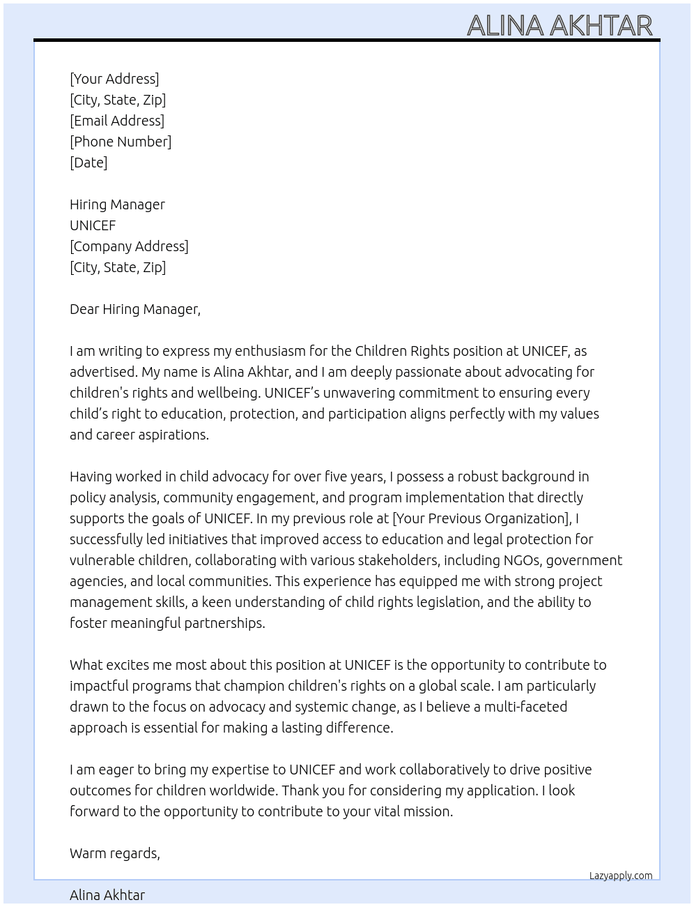 Cover letter for children rights - LazyApply