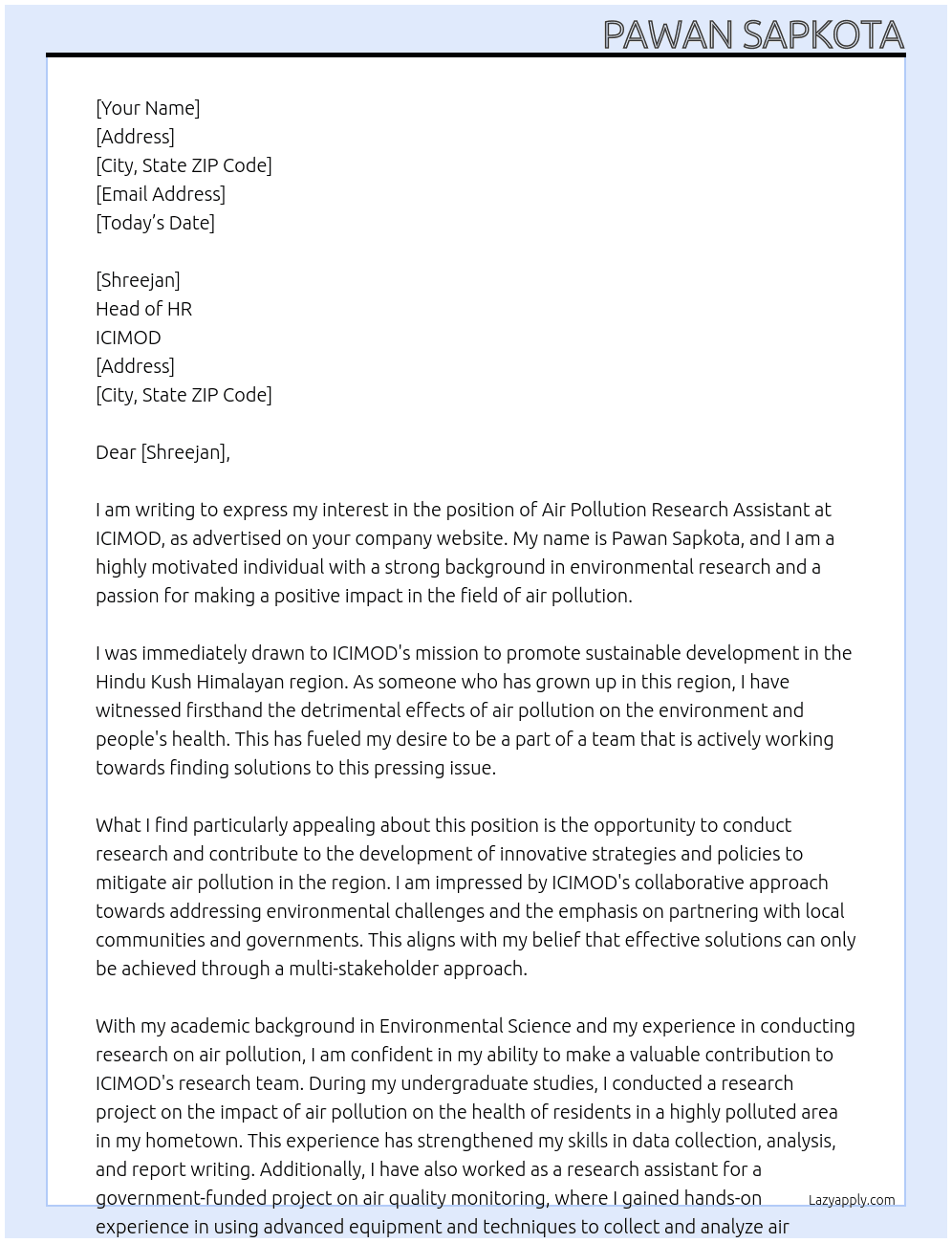 Air Pollution Research Assistant At ICIMOD Cover Letter