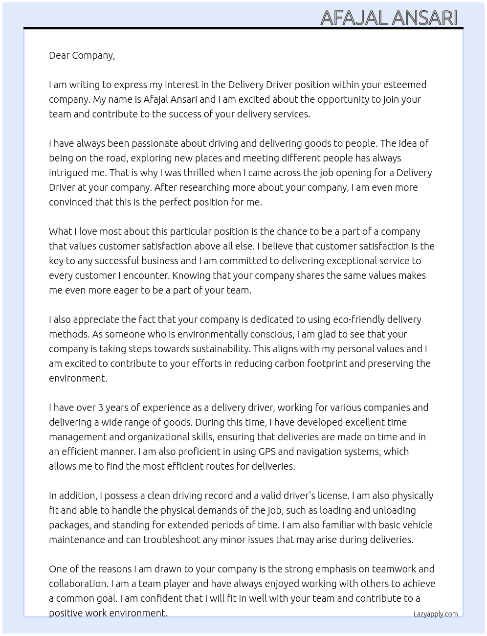 Delivery driver  At Delivery  Cover Letter