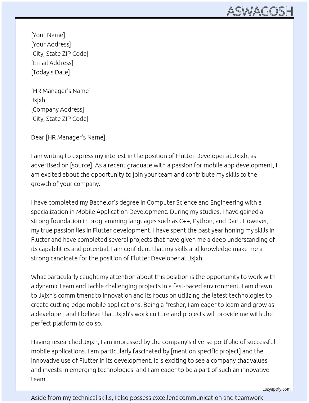 Flutter developer  fresher  At Jxjxh Cover Letter