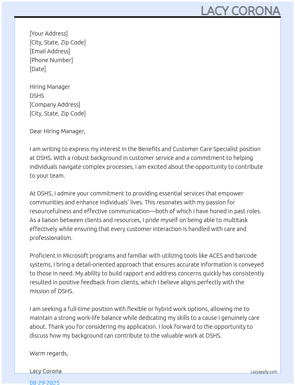 Benefits and Customer Care Specialist At DSHS Cover Letter