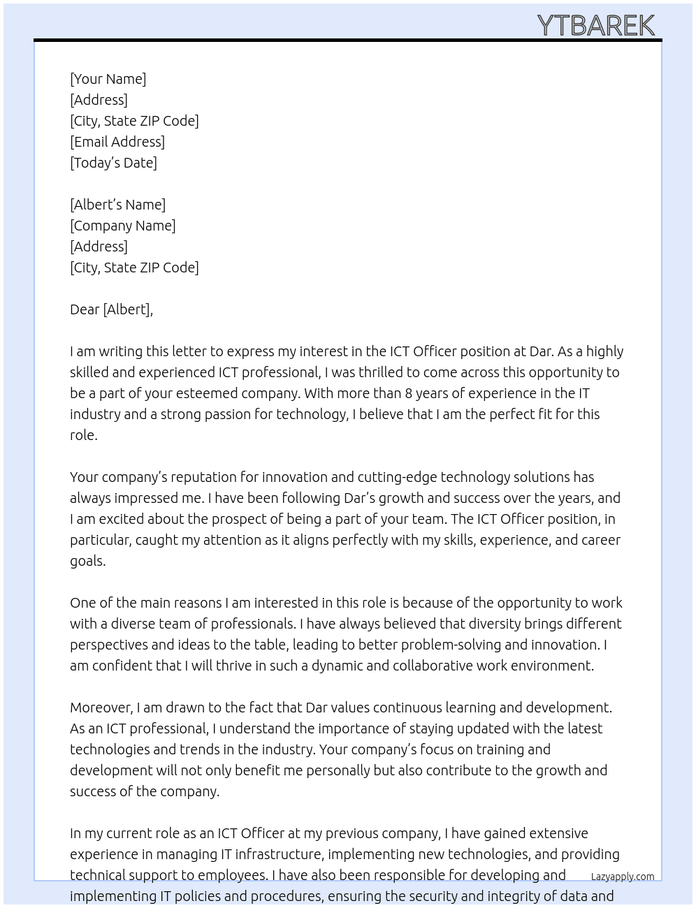 Ict officer At Dar Cover Letter