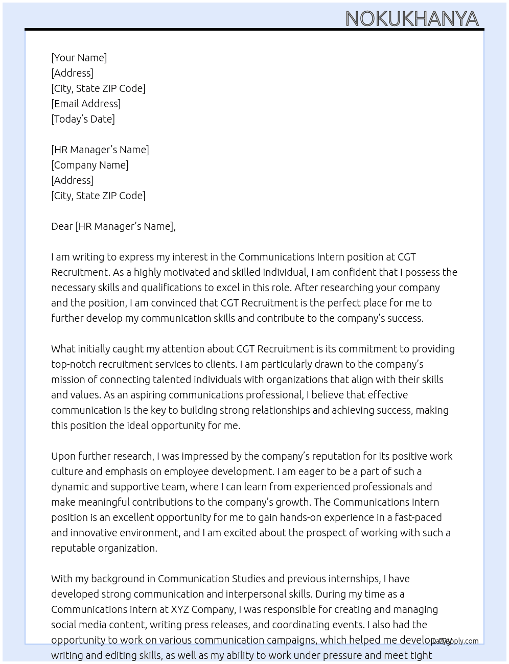 Communications Intern At CGT Recruitment  Cover Letter