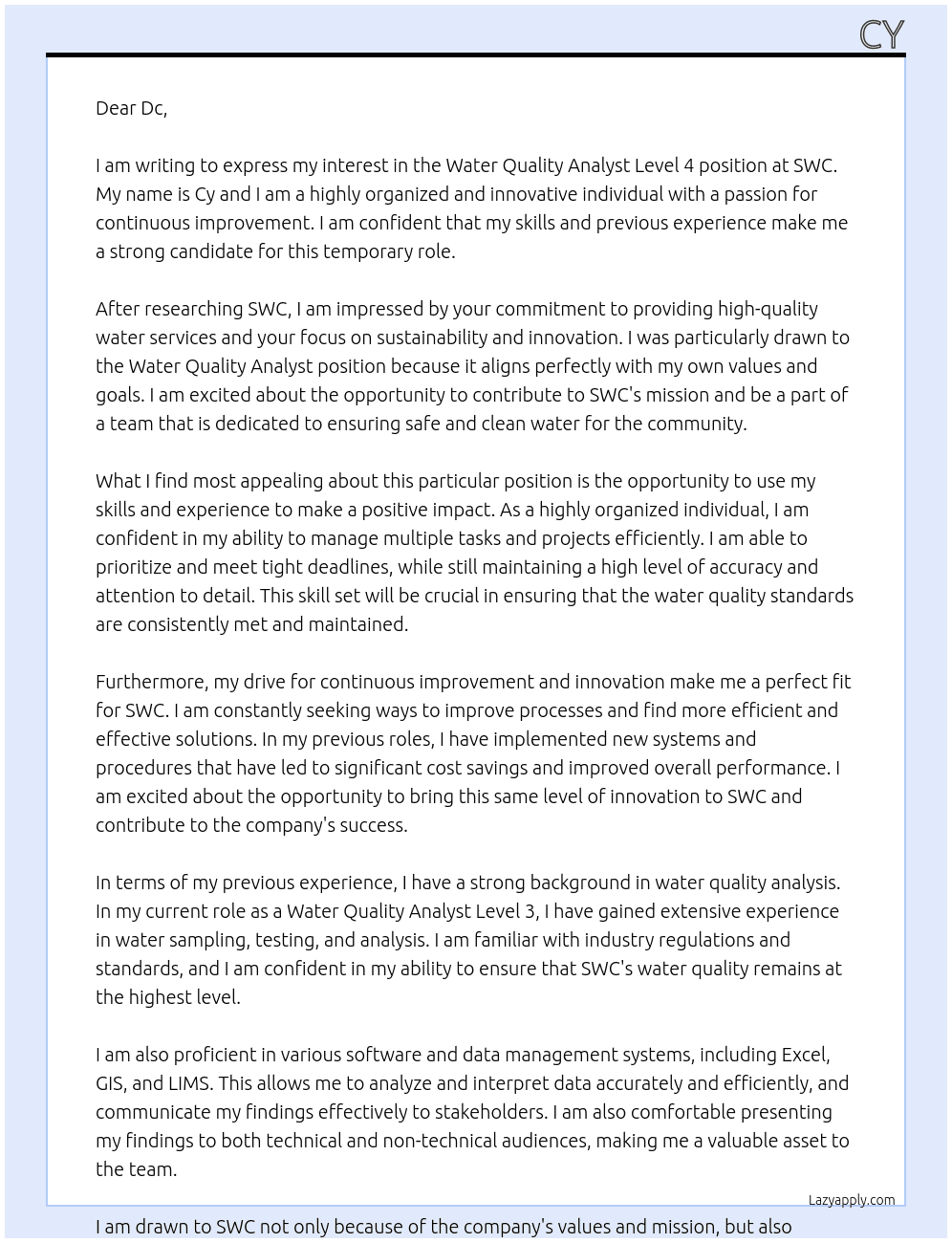 Water quality analyst level 4 At Swc Cover Letter